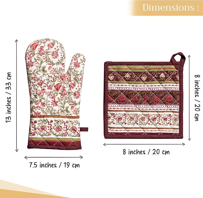 Maison d' Hermine 100% Cotton Oven Mitt & Pot Holder Set (7.5"x13" & 8"x8") Heat Resistant BBQ Cooking Gloves with Loop for Thanksgiving Christmas Decorations Handling Hot Pans (Reveillon Au Jardin)