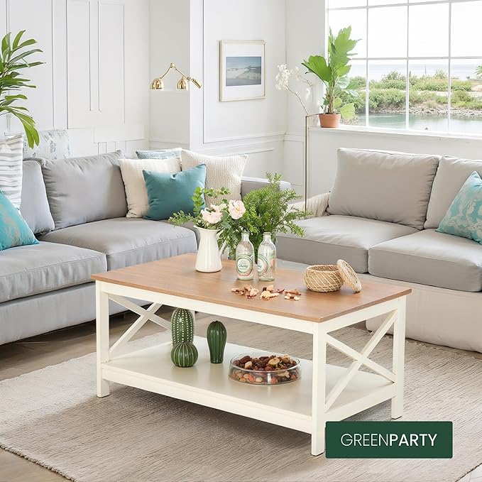 GREEN PARTY Coffee Tables for Living Room, Simple Wooden Stable Coffee Table with Shelf,Open Storage Space with Large Capacity Coffee Table,40 Inches, White