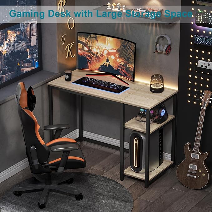 SINPAID 40'' Oak Computer Desk with Shelves, Sturdy Light Wood Desks with Storage Space, Modern Gaming Desk Study Writing Laptop Table, Beige