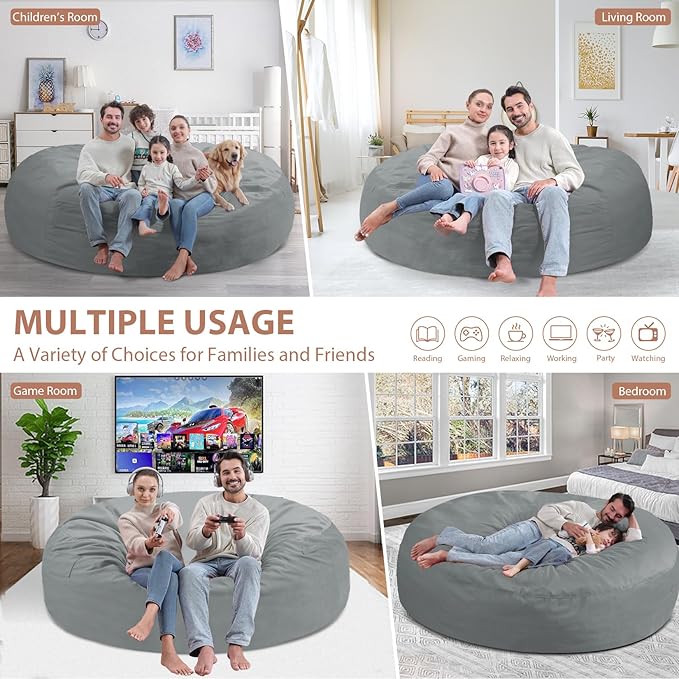 7FT Bean Bag Chair, Large Bean Bag Chairs with Memory Foam Filled, Fluffy Beanbag Sofa with Dutch Velvet Cover, Round BeanBag Chairs for Living Room, Playroom - Light Grey