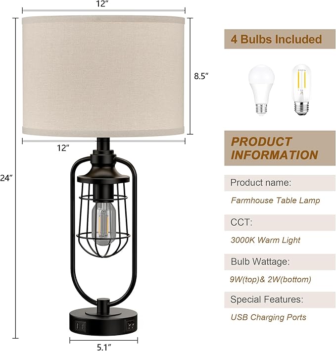 24" Farmhouse Table Lamps for Living Room Set of 2, Black Rustic Lamps for Night Stands with USB Ports, Industrial Bedside Lamp for Bedroom End Tables, Bulbs Included
