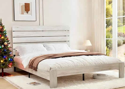 Rustic White King Size Wooden Bed Frame with Farmhouse Headboard, Solid Wood Platform Bed with Wood Slats, Noise-Free Structure, No Box Spring Needed