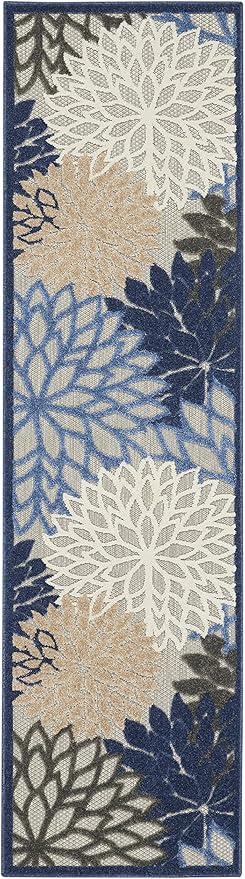 Nourison Aloha Indoor/Outdoor Blue/Multicolor 2'3" x 10' Area Rug, Tropical, Botanical, Easy Cleaning, Non Shedding, Bed Room, Living Room, Dining Room, Deck, Backyard, Patio (2x10)