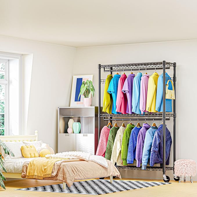 Heavy Duty Rolling Garment Rack 3 Tiers Adjustable Wire Shelving Clothes Rack with 2 Rods and Side Hooks,Storage Closet Clothing Rack with Wheels Black 15.7" D x 45.3" W x 79.6" H