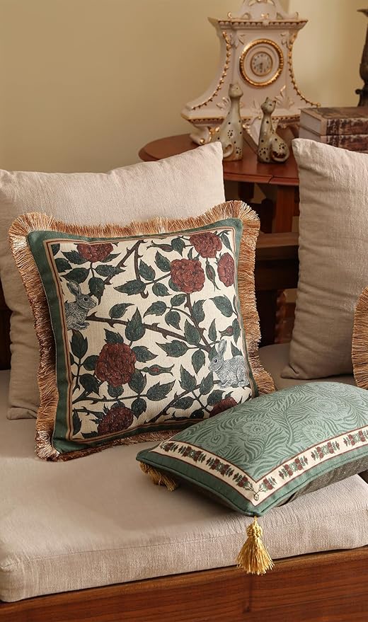 patdrea Designer Throw Pillow Covers Set of 2,French Elegant Green Linen with Rose and Animal Floral Pattern Pillow Covers,Decorative Square Pillowcases Cushion for Bed Living Room Outdoor,18"x18"