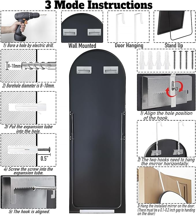 57x20 Door Hanging Full Length Mirror, Floor (Height 5.7ft just Body in1.3ft) or Wall Mounted Metal Frame Arch Dressing Mirrors for Bedroom Bathroom Living Room 57 20 inch Black