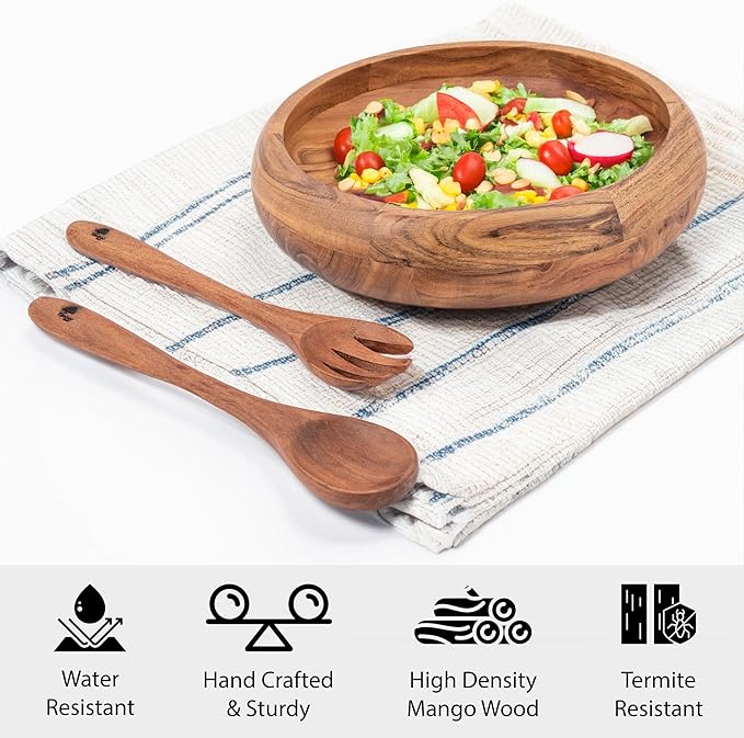 Acacia Wood Bowl Set – Round Wooden Serving Bowl with Spoon and Fork, Handmade Large Fruit and Salad Bowl, Natural Finish, Rustic Kitchen Dining Tableware for Snacks, Meals & Hosting – 2.5 Inch Deep