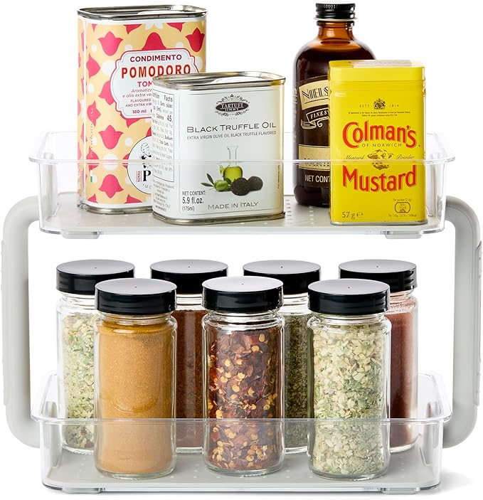 madesmart Two Level Spice Organizer-Cabinet Collection Maximizes Vertical Space, Removable Soft-Grip Lining, Dual Handles &BPA-Free, Small, Grey