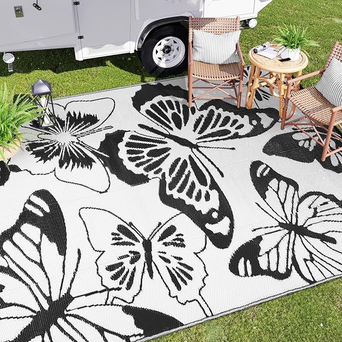 Beeiva Butterfly Outdoor Patio Rug 9x12, Waterproof Reversible Plastic Straw Rug, Outside Mats for Camping, Deck, Balcony, Backyard - Black & White