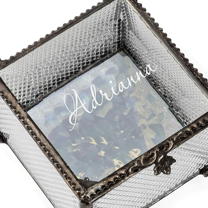 Personalized Clear Honeycomb Glass Box Decorative Vanity Display Case Storage Jewelry Organizer Keepsake Gift for Her Girl Women Vintage Decor J Devlin Ellen Box 825 EB245