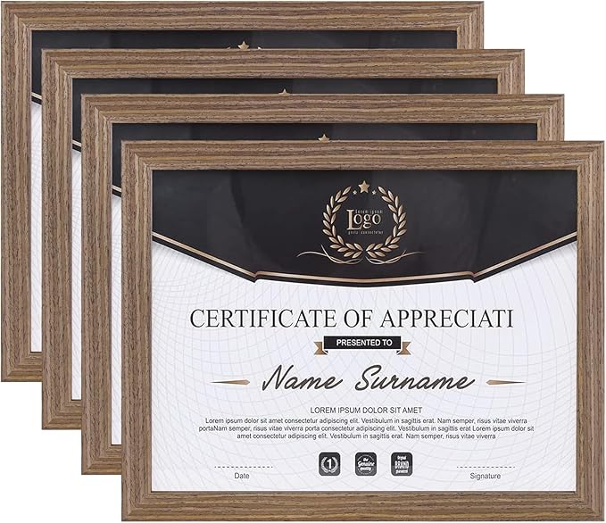 KINLINK 8.5x11 Picture Frame Brown, Solid Wood Diploma Frames with Acrylic Plexiglass for Pictures, Certificate Degree Document Frame Tabletop and Wall Mounting Display, 4 Pack