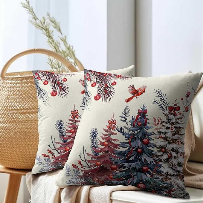 Kawani Christmas Pillow Covers 16x16 Inch Red Christmas Trees Decorative Throw Pillow Covers Set of 2 Winter Xmas Holiday Pillowcases Cushion Covers for Couch Indoor Outdoor Home Decor