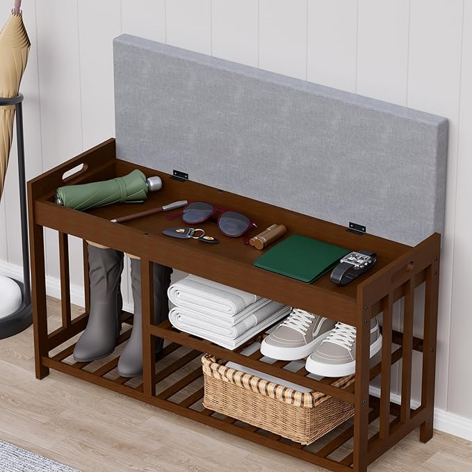 3-Tier Bamboo Shoe Rack Bench, Shoe Storage Organizer Bench, Entryway Benchs, Shoes Rack for Front Door Entrance, Entryway Bathroom Bedroom