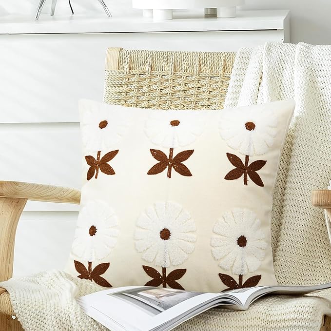 Merrycolor Boho Decorative Throw Pillow Covers 18x18 Embroidered Brown Flower Pillow Covers Textured Square Cushion Case Farmhouse Pillow Covers for Couch Bed,1PC, Beige