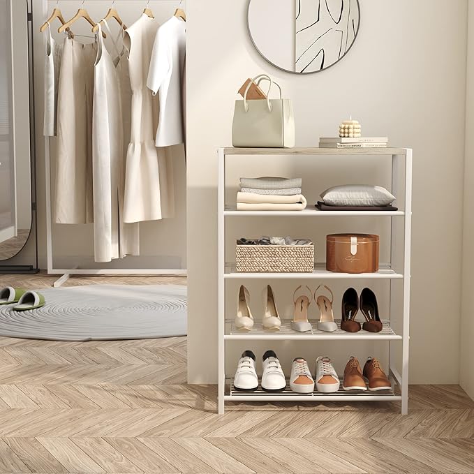 HOMEFORT 5-Tier Shoe Rack, Storage Shelf, Industrial Tower, Narrow Organizer for Closet Entryway, Small Table With Durable Metal Shelves, White Oak