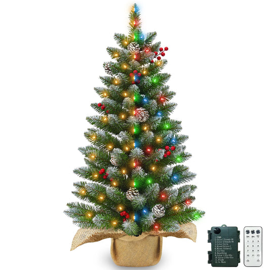 Remote Control - 3 Ft Artificial Mini Christmas Tree, Snowy Tabletop Christmas Tree 50 Warm White & Colorful Lights Timer Battery Operated 110 Branches 12 Pinecones 84 Red Berry Burlap Base Xmas Decor