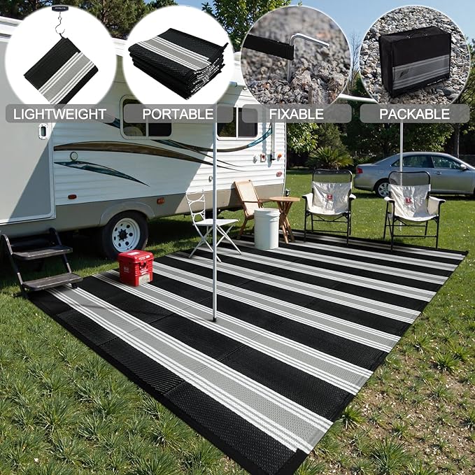 Lahome Striped Outdoor Rug Waterproof, 6x9 Reversible Outdoor Plastic Straw Rug for Camping, RV Patio Rugs Large Carpet for Porch Deck Backyard Balcony Picnic(Black/Grey,6'x 9')