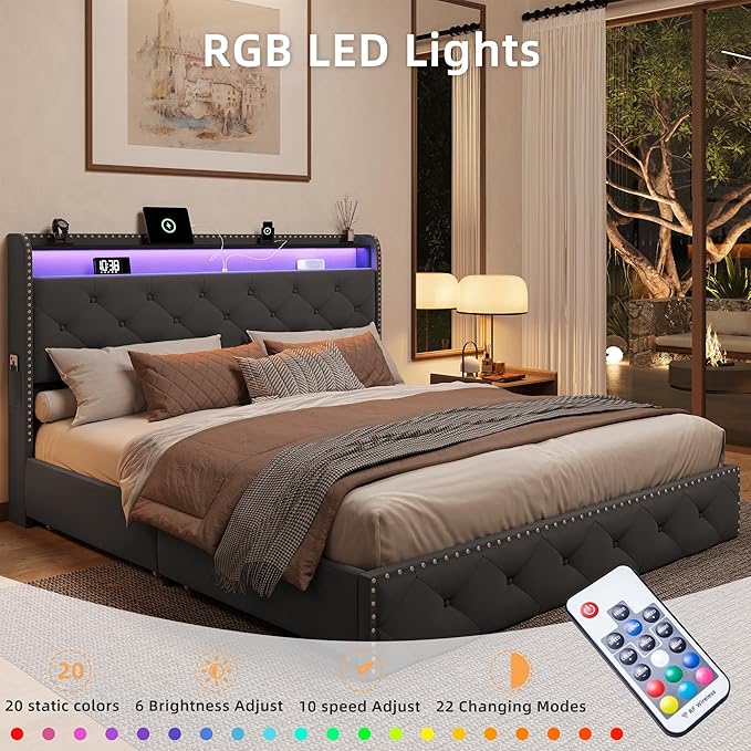BRELTAM Bed Frame Queen Size with LED and Charging Station Upholstered Velve Tufed Bed Frame with 4 Storage Drawers,Platform Bed with Headboard Heavy Duty Wood Slats, Noise Free, Easy Assembly,Grey
