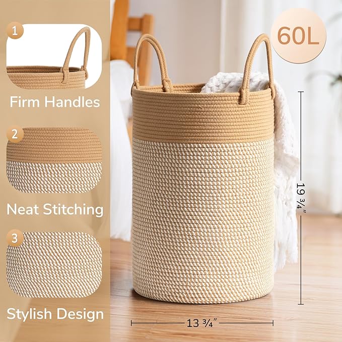 INDRESSME 60L Laundry Basket for Clothes, Blanket Storage, Toys - Woven Rope Hamper for Bedroom, 19.7 x 13.8 Inches