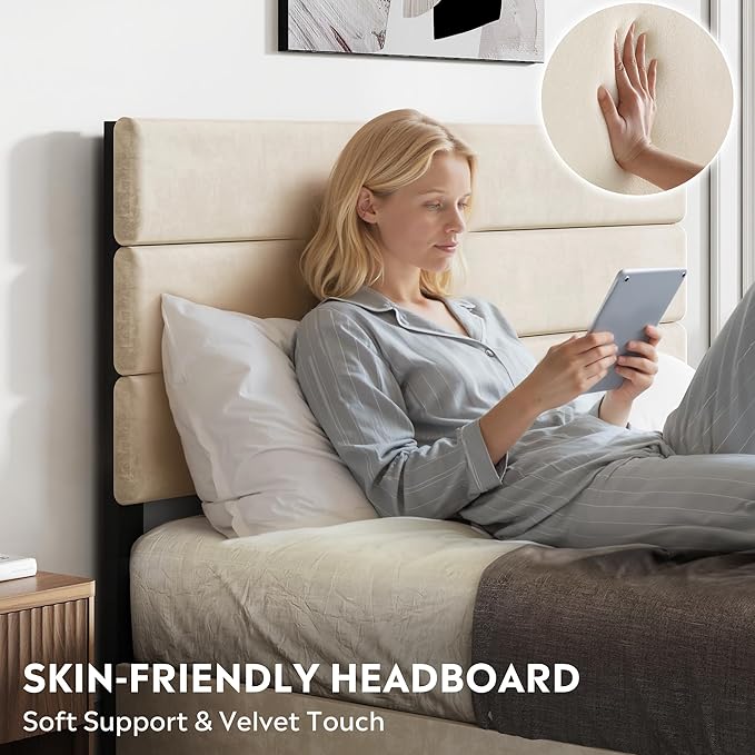 WLIVE Full Size Upholstered Bed Frame with 4 Drawers and Velvet Square Tufted Headboard, Sturdy Metal & Wooden Slats Support, No Box Spring Needed, Easy Assembly, Beige