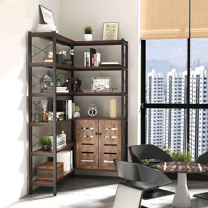 Corner Bookshelves and Bookcases Industrial Corner Etagere Bookcase L Shaped Shelf 6 Tiers with Metal Frame for Living Room Home Office