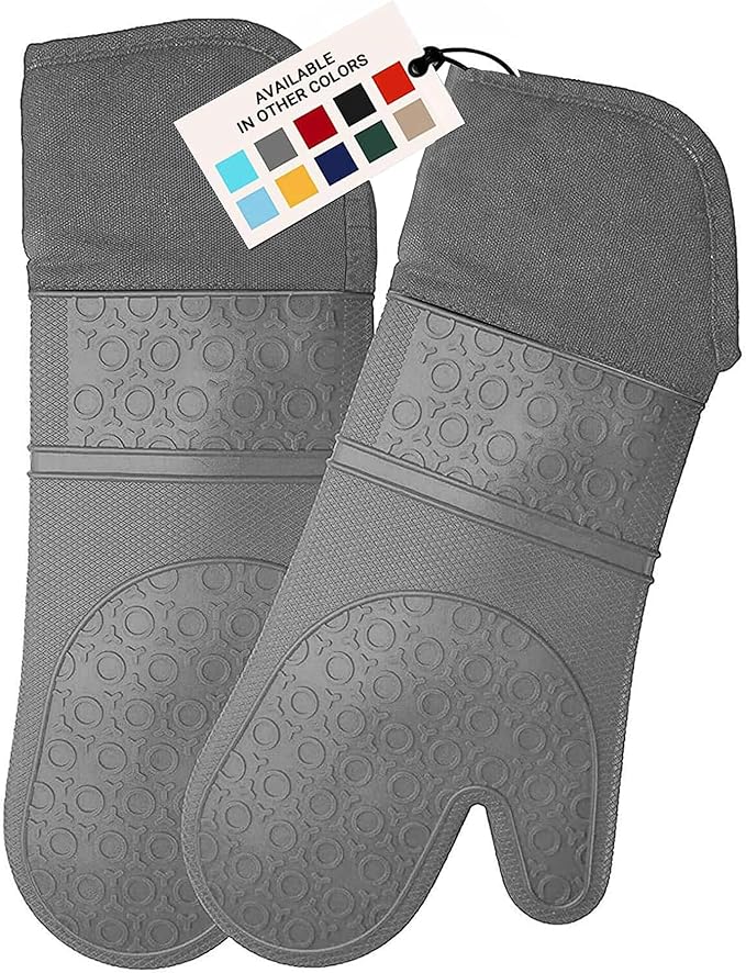 BPA-Free Soft Silicone Oven Mitts - Ultra Heat Resistant Oven Mitts with Thick Cotton Liner - Extra Long Slip Resistant Pot Holders, Flexible Oven Gloves - Gray 14.7"