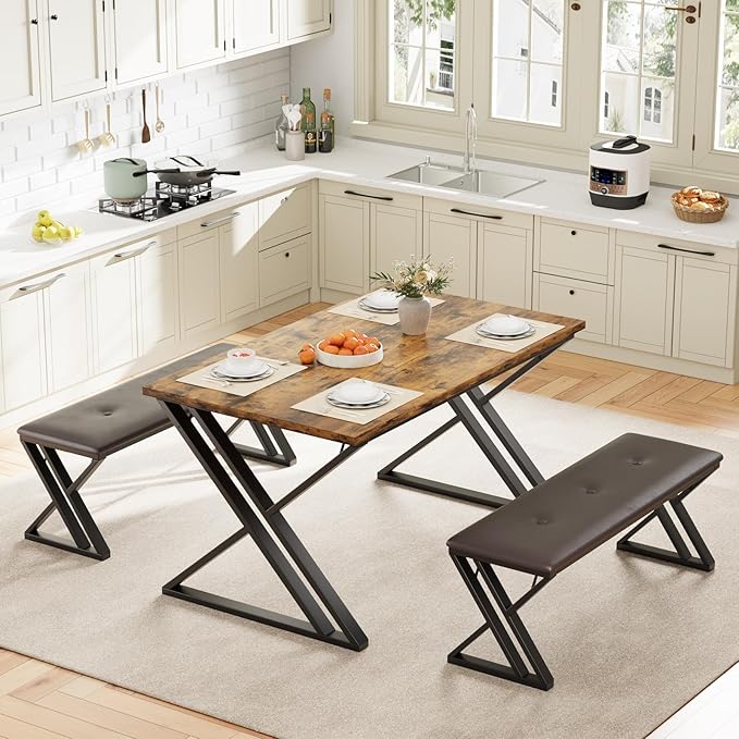 GAOMON Dining Table with 2 Benches, Kitchen Table Set for 4, 3 Piece Dining Table Set for Small Space, Apartment, Saving Space for Kitchen, Dining Room (0.75'' Inch Cusion)