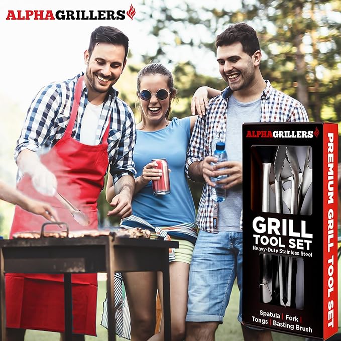 Alpha Grillers Grilling Accessories - BBQ Accessories Grill Gifts for Men Dad Him Husband Son Boyfriend Birthday - Barbecue Grilling Tools Utensils Set with Spatula, Fork, Brush, Tongs Kit