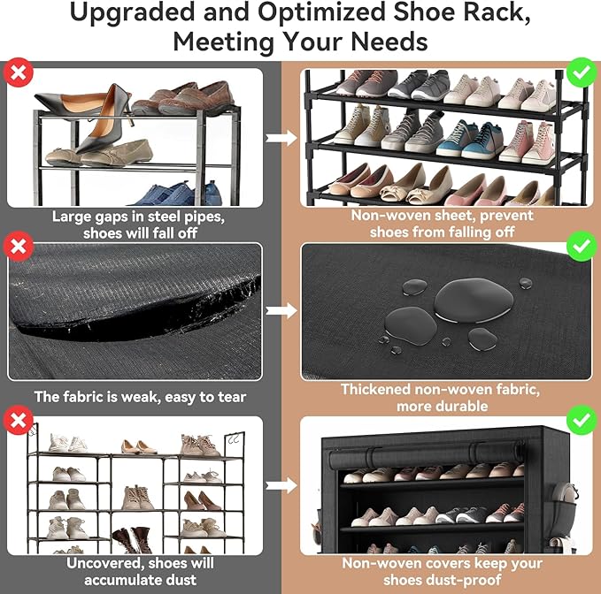 Shoe Rack with Covers - 10 Tiers Tall Shoe Rack Organizer Large Capacity Shoe Shelf Storage 40 Pairs Space Saving Vertical Shoe Storage Organizer for Closet, Entryway, Dorm, Bedroom
