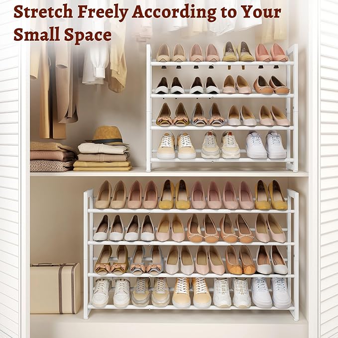 FAVOOSTY 4-Tier Expandable Shoe Rack, Adjustable Shoe Shelf Storage Organizer Space Saving Metal Free Standing Shoe Rack for Entryway Closet Doorway, White