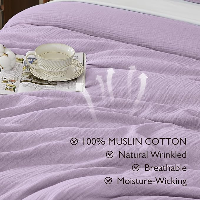 EMME Muslin Cotton Duvet Cover Set Lavender Queen Size Linen Like Soft Breathable Lightweight Summer Comforter Cover Set with Zipper Closure (Lavender, Queen, 90"x90")