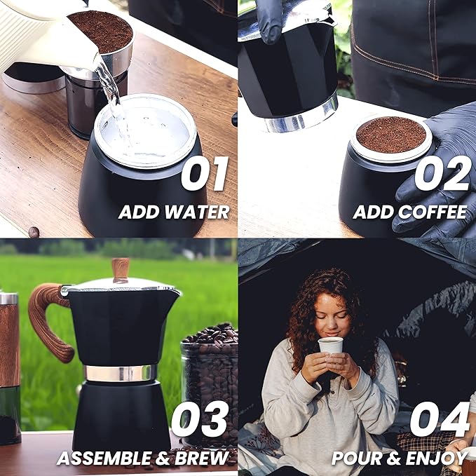 Moka Pot Espresso Coffee Maker and Manual Coffee Bean Grinder, 300ml-6 Cups Espresso Maker, Easy To Use And Clean, Camping Home Use,Suitable For Mocca Puccino Coffee (Black)