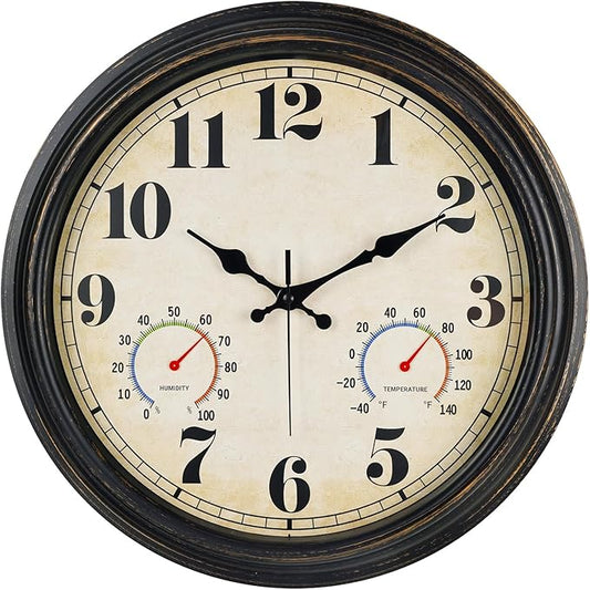 zyzamay 16 Inch Black Gold Vintage Indoor/Outdoor Wall Clock with Thermometer & Hygrometer & Waterproof, Large Silent Sweep Numerals, Perfect for Porch, Garden, Pool