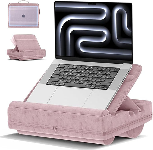 Laptop Lap Desk with Cushion, Adjustable Lap Desk Pillow with Storage, Portable Lap Table for Adults Student, Laptop Stand for Bed Office College Dorm Home Room Couch, Fits Up to 14.9" PC Tablet, Pink