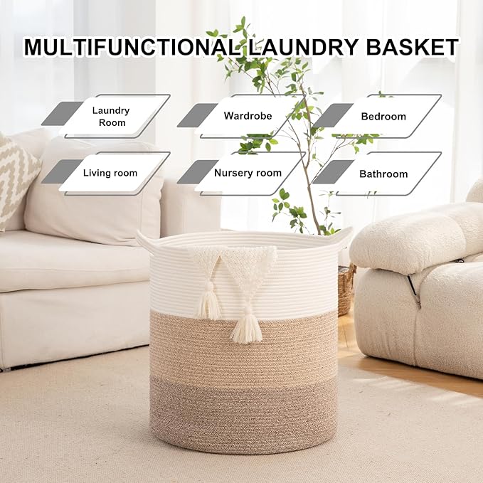 Laundry Basket, 100L Large Laundry Hamper, Tall Woven Rope Storage Basket for Blanket Toys Pillows Towels, Baby Nursery Hamper Bin for Living Room, Bedroom (Gradient Yellow)
