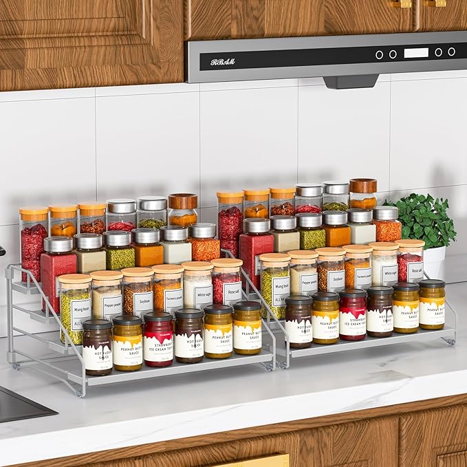 RCHYFEED 4 Tier Spice Rack Organizer, Spice Organization for Cabinet,Pantry, Countertop,Tiered Spice Rack Easy Visibility,Depth Expandable Seasoning Shelf for Kitchen Cabinet Organizer,Silver,2 PACK