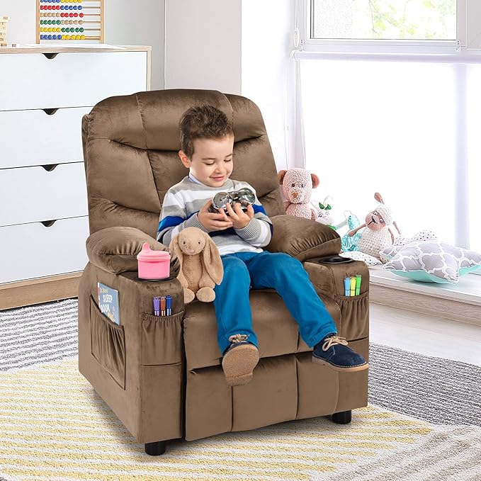 Costzon Kids Recliner Chair with Cup Holder, Adjustable Velvet Lounge Chair w/Footrest & Side Pockets for Children Boys Girls Room, Ergonomic Toddler Furniture Sofa, Kids Recliner (Brown)