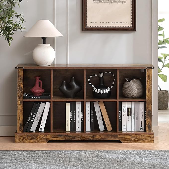 8 Cube Storage Organizer, 2 Tier Bookshelf for Living Room, Farmhouse Bookcase with Led, Kids Toy Storage Cabinet, Wall Cubby Shelves for Home Decor, Wood Display Cabinet for Bedroom, Brown