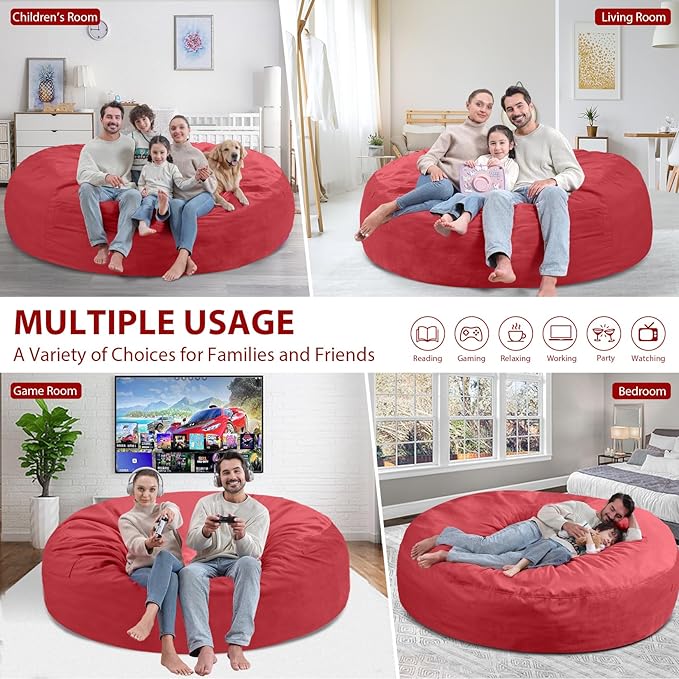 7FT Bean Bag Chair, Large Bean Bag Chairs with Memory Foam Filled, Fluffy Beanbag Sofa with Dutch Velvet Cover, Round BeanBag Chairs for Living Room, Playroom - Red