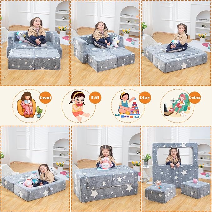 Kids Play Couch 3-in-1 Modular Toddler Baby Couches Foam Armchair for Boys & Girls Children Convertible Sofa to Lounger Fold Out Kids Furniture Sofa Play Set, Grow in The Dark Star