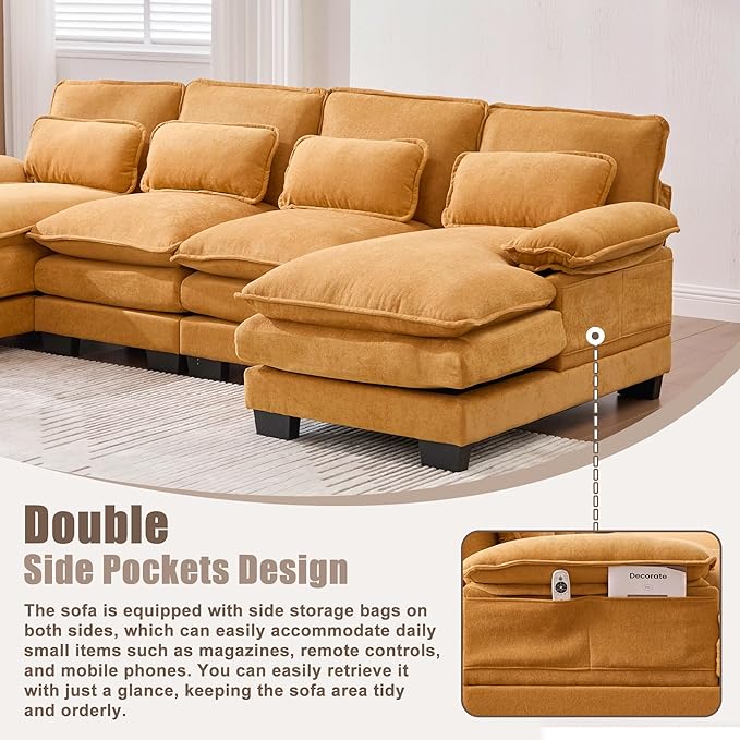 KEIKI 108" U-Shaped Chenille Modular Sectional Chenille Sofa with 2 Movable Ottoman & Pillows & 2 Side Pocket, Oversized 4-Seater Couch with Memory Foam Cushion, Easy Assembly, for Living Room, Yellow