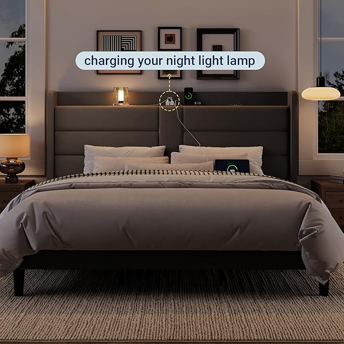 Allewie King Size Platform Bed Frame with Charging Station & Storage Headboard, Upholstered Velvet Wingback Design & USB Port, Strong Wooden Slats Support, No Box Spring Needed, Easy Assembly, Grey