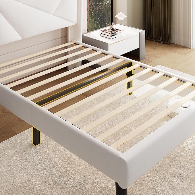 iPormis Twin Size Bed Frame with Charging Station, Velvet Platform Bed Frame with Wingback Headboard Upholstered Bedframe, Solid Wood Slats Support, No Box Spring Needed, Easy Assembly, White