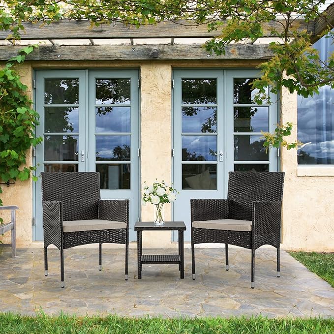 FDW | 3-Piece Patio Furniture Set | Black | Outdoor Wicker Furniture with Coffee Table | Modern Rattan Chairs Conversation Set | Outdoor Seating | Weather-Resistant | for Porch, Garden, Lawn