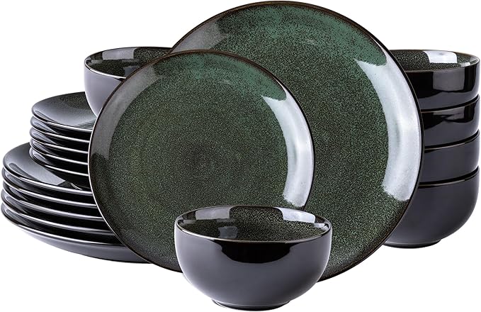 LeRatio Ceramic Dinnerware Sets for 6,Plates and Bowls Sets,Handmade Reactive Glaze Dishes Set,Chip Resistant and Scratch Resistant | Oven&Dishwasher & Microwave Safe,Service for 6-Green (18PCS)