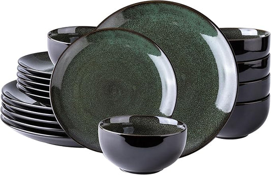 LeRatio Ceramic Dinnerware Sets for 6,Plates and Bowls Sets,Handmade Reactive Glaze Dishes Set,Chip Resistant and Scratch Resistant | Oven&Dishwasher & Microwave Safe,Service for 6-Green (18PCS)
