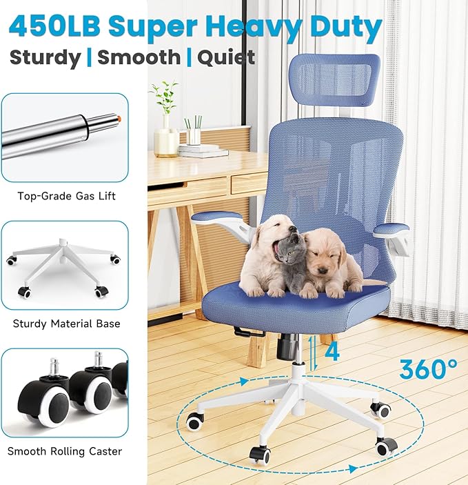 Ergonomic Office Chair - Comfy Desk Chairs with Wheels and Arms, 400LB Heavy Duty Mesh Computer Chairs with Comfortable Head Lumbar Back Support for Office, Bedroom, College Dorm and Study
