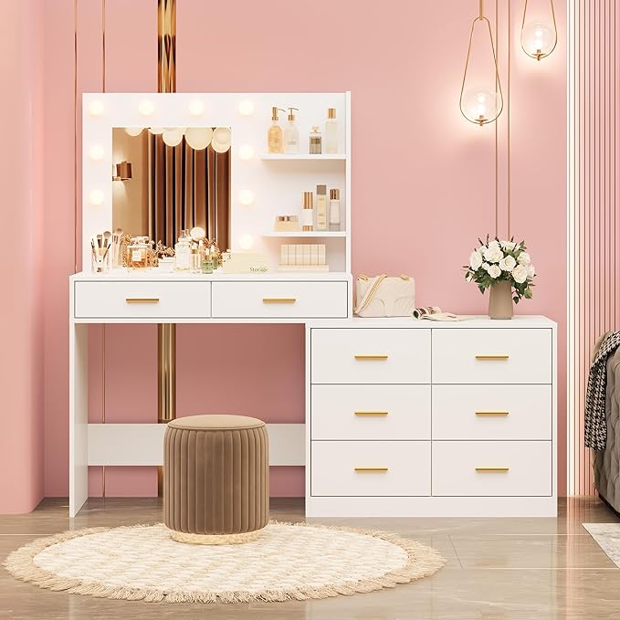 61" Vanity Desk with Mirror & Lights, White Makeup Dressing Table with 8 Drawers & 2 Shelves, 3 Lighting Modes with Adjustable Brightness for Bedroom, White