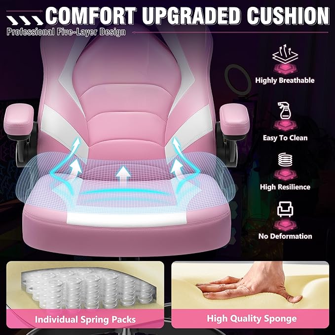 Gaming Chair, Leather High-Back Home Office Desk Chair with Flip-Up Arms, Ergonomic Padded Rolling Wheels Swivel Tilt Gamer Computer Chair with Comfy Lumbar Support, Height Adjustable, Pink