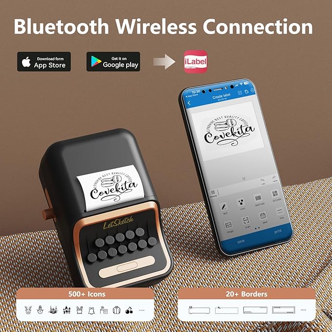 Wireless Mini Retro Label Maker Machine with Tape,Bluetooth Portable Thermal Sticker Printer for Phone,Small Business, Address, Logo, Qr Code, Food,Home, Kitchen,with 50×30mm Label(Black)